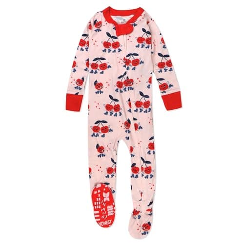 HonestBaby Non-slip Footed Pajamas One-piece Sleeper Jumpsuit Zip-front Pjs 100% Organic Cotton for Baby Girls, Cherry Crush, 18 Months - Image 1