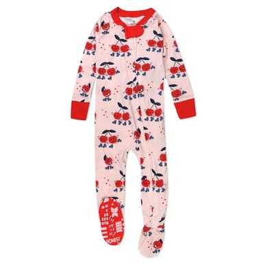 HonestBaby Non-slip Footed Pajamas One-piece Sleeper Jumpsuit Zip-front Pjs 100% Organic Cotton for Baby Girls, Cherry Crush, 18 Months - Image 1