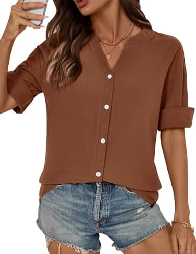LOMON Womens Button Down Shirts 3/4 Sleeve Cotton Linen Roll Up Short Sleeve Tops V Neck Loose Work Blouse Brown XL - Image 4