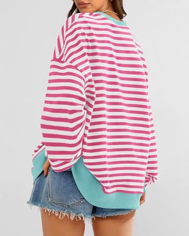 BTFBM Womens Oversized Striped Sweatshirt Crewneck Long Sleeve Pullover Top Casual Y2K Fall Clothes 2025 Workout Shirt(Pink White, X-Large) - Image 2