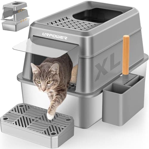 URPOWER Stainless Steel Cat Litter Box with Lid Extra Large Enclosed Litter Box for Cats Non-Sticky Metal Pan with High Sided Enclosure & Scoop, Front & Top Entry, Anti-Leakage, Easy Cleaning - Image 1