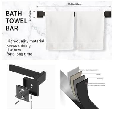 20-Pieces Matte Black Bathroom Accessories Set, 23.6 Inch Bath Towel Bar Set, SUS 304 Stainless Steel Bathroom Hardware Set, Towel Racks for Bathroom Wall Mounted. - Image 3