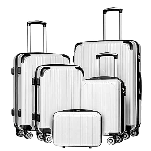 Coolife Luggage Expandable 5 Piece Sets PC+ABS Spinner Suitcase 20 inch 24 inch 28 inch (white grid new) - Image 1