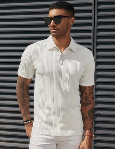 PJ PAUL JONES Mens Textured Knit Polo Shirts Regular Fit Stretchy Short Sleeve Golf Shirts White - Image 2