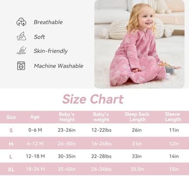 FIEMOL Baby Sleep Sack 6-12 Months, Long Sleeve Baby Wearable Blanket 0.5 Tog with Mittens, 2-Way Zipper Infant Cotton Sleeping Sack for Boy and Girl Pink Rainbow 2 Pack (Medium - Image 5
