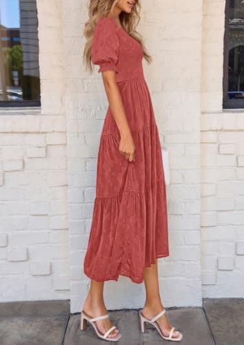 PRETTYGARDEN Women's 2025 Summer Casual Midi Dresses Square Neck Short Sleeve Smocked A Line Floral Flowy Elegant Boho Dress (Bean Paste Red,Medium) - Image 4