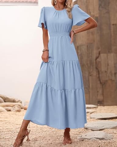 PRETTYGARDEN Women's Summer Casual Short Flutter Sleeve Round Neck Smocked Waist Tiered Boho Floral Flowy Maxi Dress(Solid Sky Blue,Medium) - Image 6