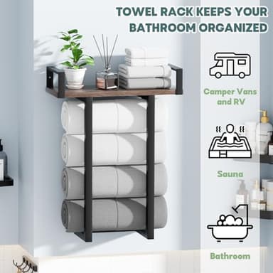 Towel Rack Wall Mounted with Wooden Shelf for Small Bathroom,Multi Towel Storage Racks for Rolled Towels,Bath Towel Holder Over The Toilet for Rv Camper - Image 5