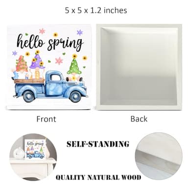 Spring Decor Farmhouse Wood Sign Spring Gnomes Decorations Country Home Table Desk Decor (5 x 5 Inches) - Image 2