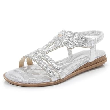 iCKER Women Rhinestone Sandals T-Strap Buckle Bohemian Pearl Crystal Flat Sandals-Sliver 01-8 - Image 1