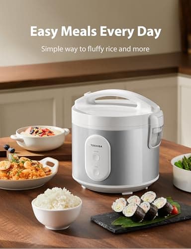 TOSHIBA Rice Cooker & Steamer Simple 5.5 Cup(Uncooked) with Steaming Basket, Removable Non-Stick Inner Pot & Inner Lid, for Soups, Stews, Grains&Oatmeal, One Touch&Keep Warm Function, Silvery White - Image 2