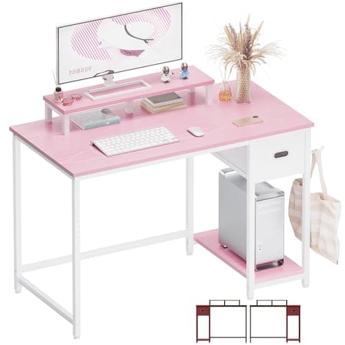 Pamray 39 Inch Computer Desk with Monitor Stand Small Home Office Desks with Non-Woven Storage Drawer for Bedroom Study Table Writing and Work Desk Pink - Image 1