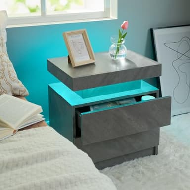 i-aplus Grey Night Stand Set 2 Modern Bedside Tables with 2 Drawers Bedroom Night Stands Set of 2 LED Night Stand for Bedroom, Living Room - Image 4