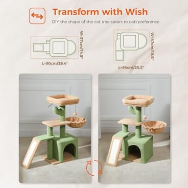 PETEPELA Cactus Cat Tree for Indoor Cats, 32'' Small Cat Tower Cat Condo with Sisal Scratching Ramp, Cozy Hammock and Removable Top Bed Perch for Kittens, Green - Image 2