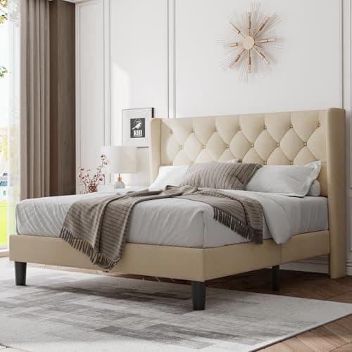 Feonase Queen Size Bed Frame with Diamond Tufted Wingback Headboard, Morden Upholstered Platform Bed, Sturdy Wooden Slats Support, Noise-Free, No Box Spring Needed, Easy Assembly, Beige - Image 1
