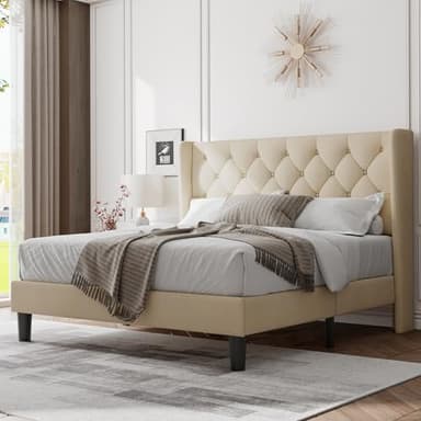 Feonase Queen Size Bed Frame with Diamond Tufted Wingback Headboard, Morden Upholstered Platform Bed, Sturdy Wooden Slats Support, Noise-Free, No Box Spring Needed, Easy Assembly, Beige - Image 1