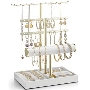 Vlando 3 Tier Jewelry Stand Organizer with Tary, Leather Jewelry Holder Display for Women, Gold Jewlery Holder Display for Necklace, Earring, Bracelet, Rings - White - Image 1