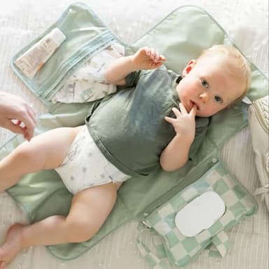 Tiny Twinkle Portable Diaper Changing Pad-Foldable Waterproof Changing Mat&Portable Changing Pad for Travel,Baby Changing Station with Smart Wipes Pocket&Storage (Sage Checkers) - Image 7