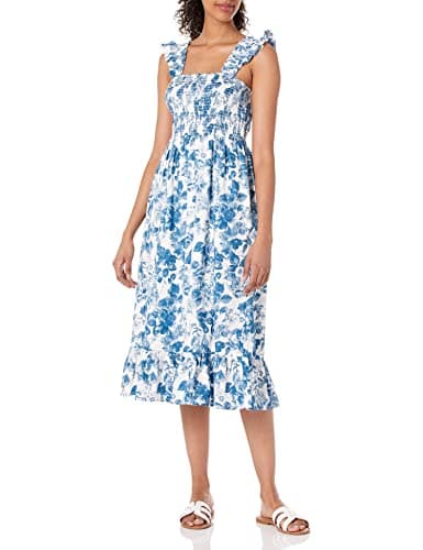 The Drop Women's Kimi Ruffled Shoulder Smocked Midi Dress, Blue Floral, XS - Image 1