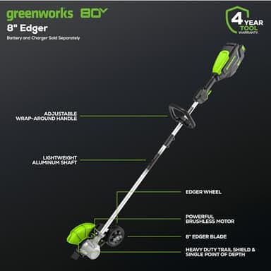 Greenworks 80V All-Terrain Brushless Edger, 8" Steel Blade, 2.25" Pro Depth & Tool-Free Adjust, 27cc Gas Power Equivalent, Battery and Charger Not Included - Image 2