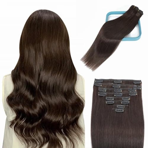 LORIEN Clip in Hair Extensions Real Human Hair, 18 Inch 100g, 2 Darkest Brown, Clip in 100% Brazilian Remy Human Hair Extensions 8pcs Per Set with 18 Clips Double Weft - Image 1