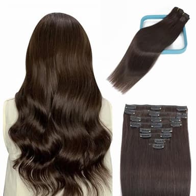 LORIEN Clip in Hair Extensions Real Human Hair, 18 Inch 100g, 2 Darkest Brown, Clip in 100% Brazilian Remy Human Hair Extensions 8pcs Per Set with 18 Clips Double Weft - Image 1
