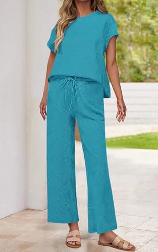 PRETTYGARDEN 2 Piece Outfits For Women Casual Tracksuit Short Sleeve Tops And Wide Leg Long Pants Matching Lounge Sets(Peacock Blue,Large) - Image 2