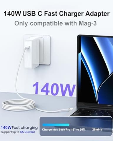 140W USB-C Charger for MacBook Pro 14",16"(2021,2022,2023),2024 MacBook pro M4, MacBook Air 13", 15" (2022, 2023, 2024,M1, M2, M3,), 140W Power Adapter - Image 3