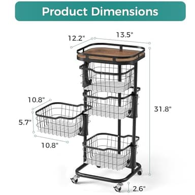 Ocyfym 4 Tier Kitchen Fruit Vegetable Storage Cart with One-Piece Rotating Basket, Pantry Organizer Shelf Rack Floor Stand for Veggie Onion Potato Produce Spice, Rolling Snack Cart on Wheels, Black - Image 6