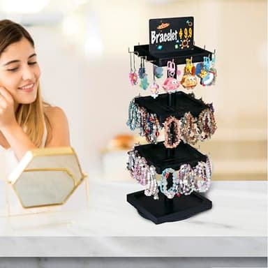 Donmills Bracelet Holder, 360° Rotating Wooden 3 Tier Rotating Jewelry Display Stand, Tree Stand Display with Advertising Board, 39 Hooks for Bracelet, Key Chain Display Stand for Vendors Black Color - Image 4