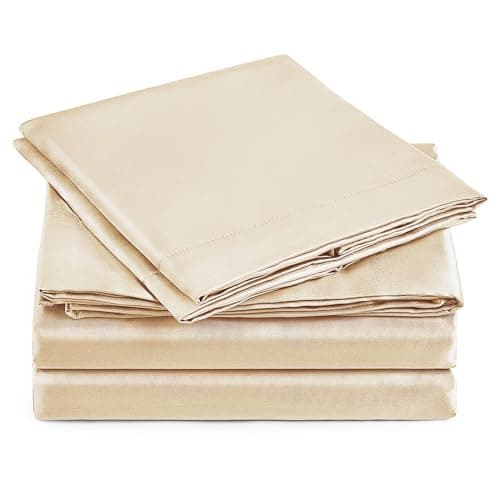 Love's cabin Full Size Satin Sheet Sets - 4 Piece Beige Silky Sheet Set with Deep Pocket, Luxury Silk Feel Satin Sheets Full Bedding Set (1 Flat Sheet,1 Fitted Sheet,2 Pillow Cases) - Image 1