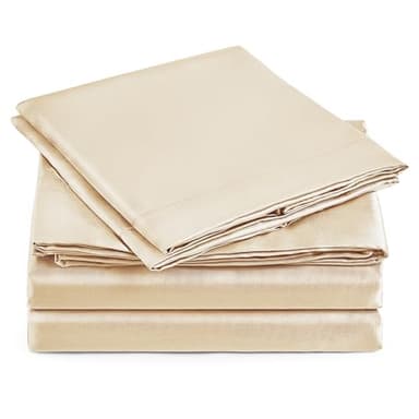 Love's cabin Full Size Satin Sheet Sets - 4 Piece Beige Silky Sheet Set with Deep Pocket, Luxury Silk Feel Satin Sheets Full Bedding Set (1 Flat Sheet,1 Fitted Sheet,2 Pillow Cases) - Image 1