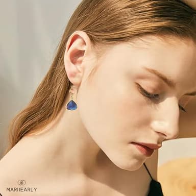 Blue Sapphire Earrings For Women; Blue Yellow Gold Earrings 14k Gold Hollow Teardrop Dangle Earrings Birthstone Earrings Navy Blue Crystal Dangle Earring Dangle Jewelry Gifts (Sapphire Blue) - Image 3