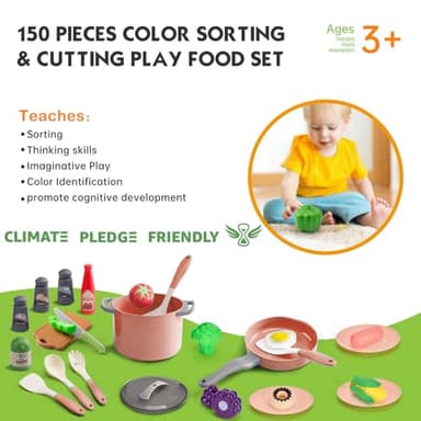 150Pcs Kitchen Playset, Toddlers Pretend Cooking Cookware Accessories, Food, Picnic Blanket, Fruits, Veges, 2Pack Shopping Storage Basket, Dessert and Prop Money, Gift for Kids (Pink) - Image 7