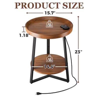 Gadroad Round End Table with Charging Station, USB Ports, Wood Tabletop & Black Metal Frame, 2-Tier Side Table for Living Room, Bedroom, Brown 15.7 * 15.7 * 23.0inches - Image 3