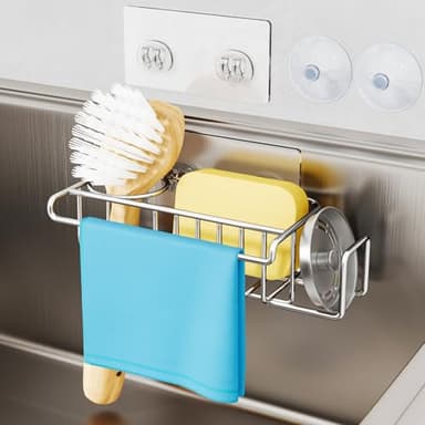 HapiRm 4 in 1 Sink Caddy Sponge Holder, SUS304 Stainless Steel Kitchen Brush Holder + Dish Cloth Hanger + Soap Rack + Sink Stopper Rack + Sponge Caddy for Kitchen - Silver - Image 2