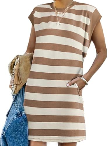AlvaQ Womens Summer Sleeveless Shirt Dress Crewneck Striped A Line Casual Short Mini Dresses with Pockets Khaki XX-Large - Image 1