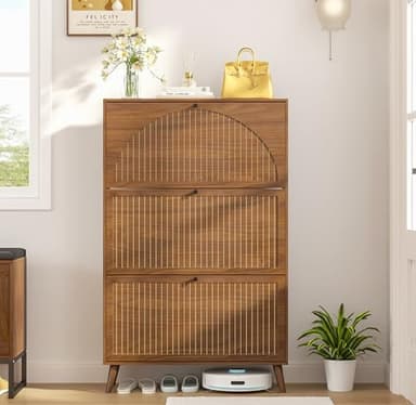 Fsbecl Shoe Storage Cabinet for Entryway with 4 Flip Drawers, Narrow Shoe Organizer with Fluted Panel, Freestanding Wood Hidden Shoe Cabinet for Foyer, Hallway (Walnut, 3 Flip Drawers) - Image 1