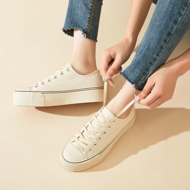 hash bubbie Platform Sneakers for Women White Platform Shoes Low Top Tennis Shoes Non Slip Black Fashion Canvas Sneakers(Beige.US11) - Image 5