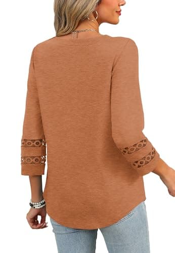 Womens Tops Dressy Casual 3/4 Length Sleeve Tshirts Shirts Work Blouses Beach Vacation Fall Clothes 2025 Caramel 2XL - Image 5