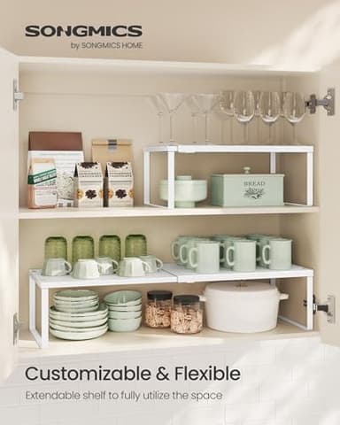 SONGMICS Spice Racks, Set of 2 Expandable Kitchen Countertop Shelves, Small Cupboard Organizers, Metal, Space-Saving Tabletop Shelves, Matte White UKCS402W01 - Image 2