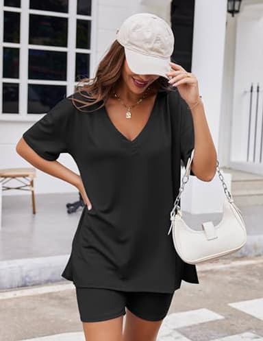 Ekouaer Womens Pajamas 2 Piece Lounge Sets Oversized V Neck T-Shirts Tops Biker Shorts Set Black - Image 2