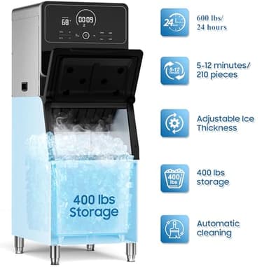 Commercial Ice Maker 600 Lbs/24H Commercial Ice Maker Machine Industrial Ice Machine with 400Lbs Storage, Ice Ready in 5-12 min, Stainless Steel Ice Maker for Bar Cafe Business Restaurant - Image 2