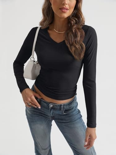 Trendy Queen Long Sleeve Shirts for Women 2025 Early Fall Fashion Crop Tops for Women V Neck Casual Basics Slim Fitted Y2K Cute Dress Tops Outfits Clothes Blouses Black S - Image 5