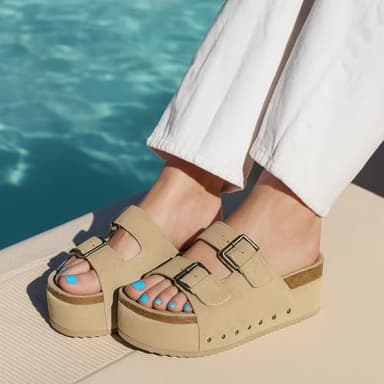 CUSHIONAIRE Guru Platform Sandals Women Footwear – Comfortable Genuine Leather Footbed Studded Chunky Slide Summer Sandals for Women 2025, KHAKI 6 - Image 9