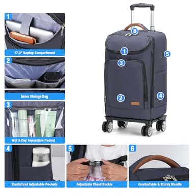 Lekebobor Travel Rolling Backpack, 18 inch Waterproof Bag with 360° Wheels for 15.6" Laptop, Convertible Airline Approved Travel Back Pack for Men & Women, Business, Commuter - Image 4