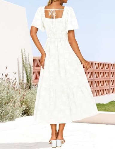 ZESICA Women's Summer Boho Floral Midi Dresses 2025 Casual Short Sleeve Square Neck Flowy Beach Vacation Long Dress,White,Medium - Image 3