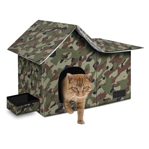 Cat Houses for Outdoor Cats-Large Weatherproof Cat Bed for Indoor Cats,Collapsible Warm Feral Cat Shelter with Removable Soft Mat and Bowl for Winter (Camo, Large) - Image 1