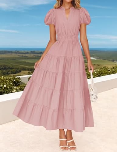 ZESICA Women's Summer Casual Maxi Dress 2025 Puff Short Sleeve V Neck Ruffle Tiered Flowy Boho Beach Dresses,Dusty Pink,Medium - Image 7