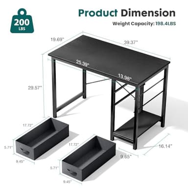 SMUG Computer Desk with Storage Drawers, Small Office Desk Modern Simple Study Writing Table for Home Bedroom, Spacious 40X24 Desktop with 2-Tier Drawer, Black - Image 3